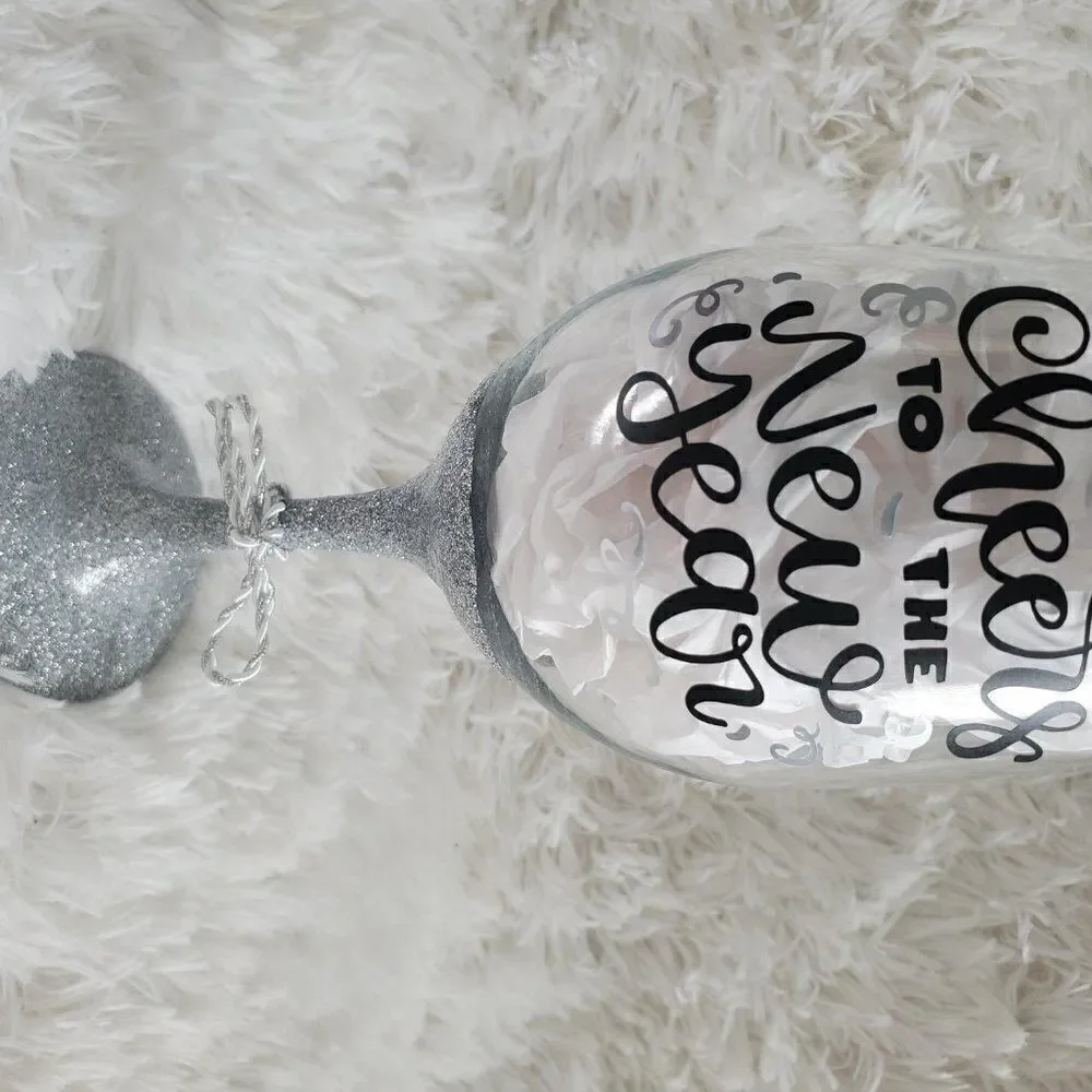 Cheers To The New Year, New Year's Silver Glittered Stemmed Wine Glass